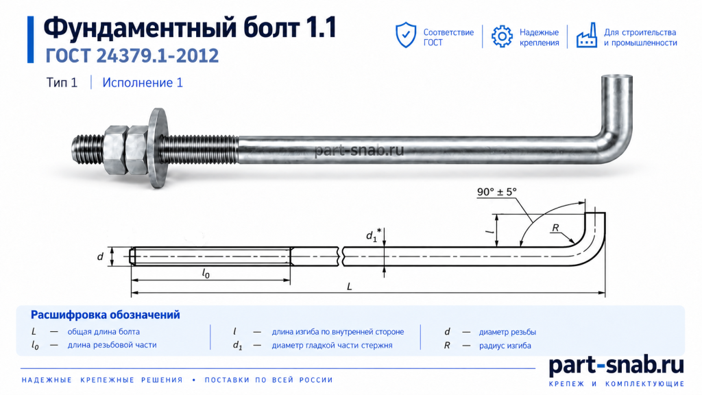Технический чертеж. Фундаментный болт исполнение 1.1 ГОСТ 24379.1-2012