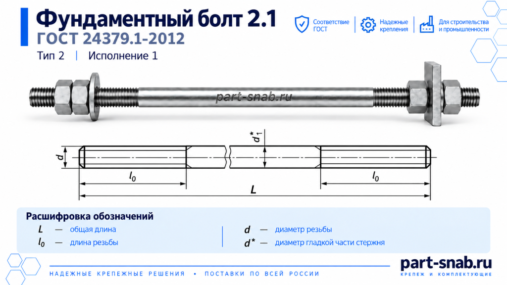 Технический чертеж. Фундаментный болт исполнение 2.1 ГОСТ 24379.1-2012