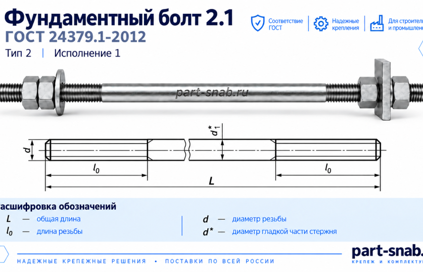 Технический чертеж. Фундаментный болт исполнение 2.1 ГОСТ 24379.1-2012